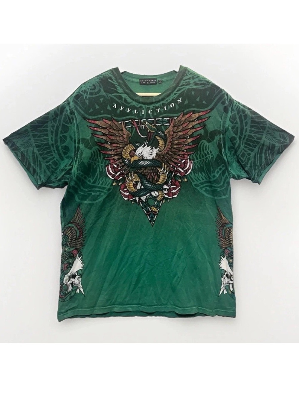 Affliction Y2K Mens XL Skull Eagle Wings Snake Rhinestone Wraparound Green Shirt